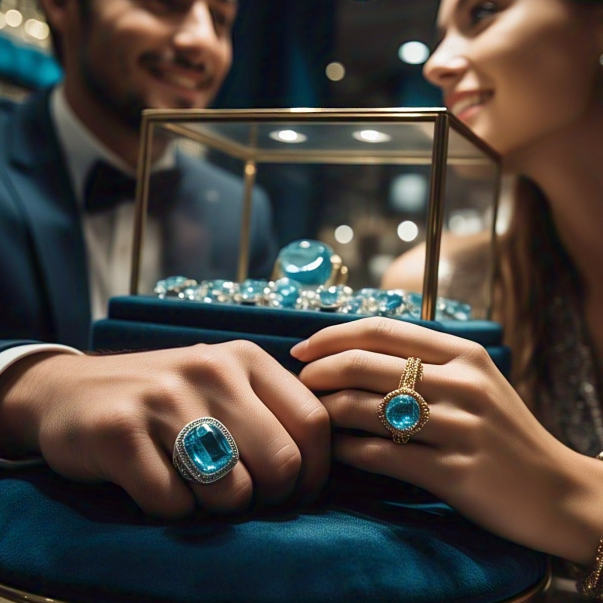 blue topaz couple rings