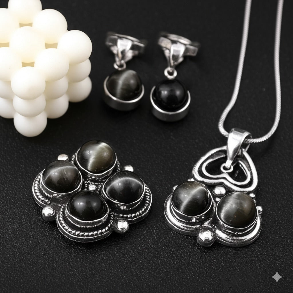 Women's earrings and pendant cat's eye stone