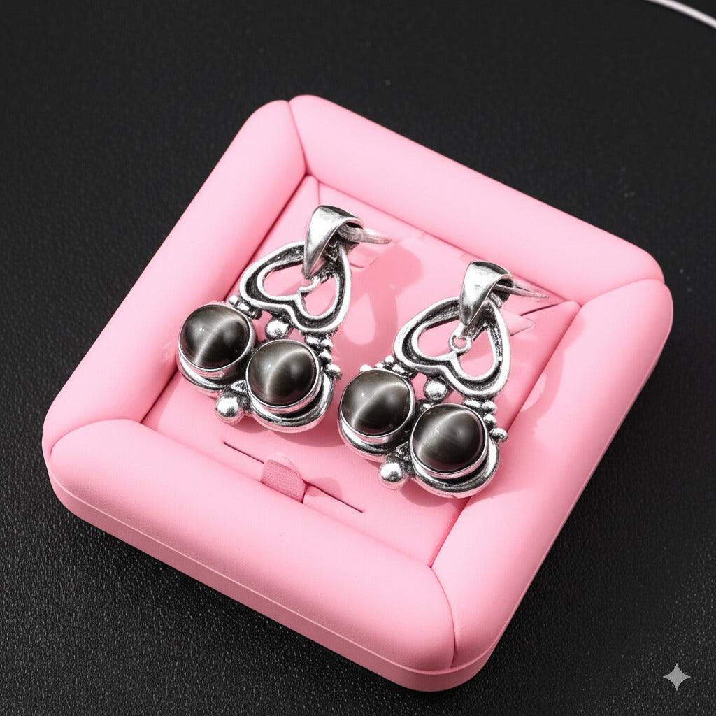 Women's earrings and pendant cat's eye stone