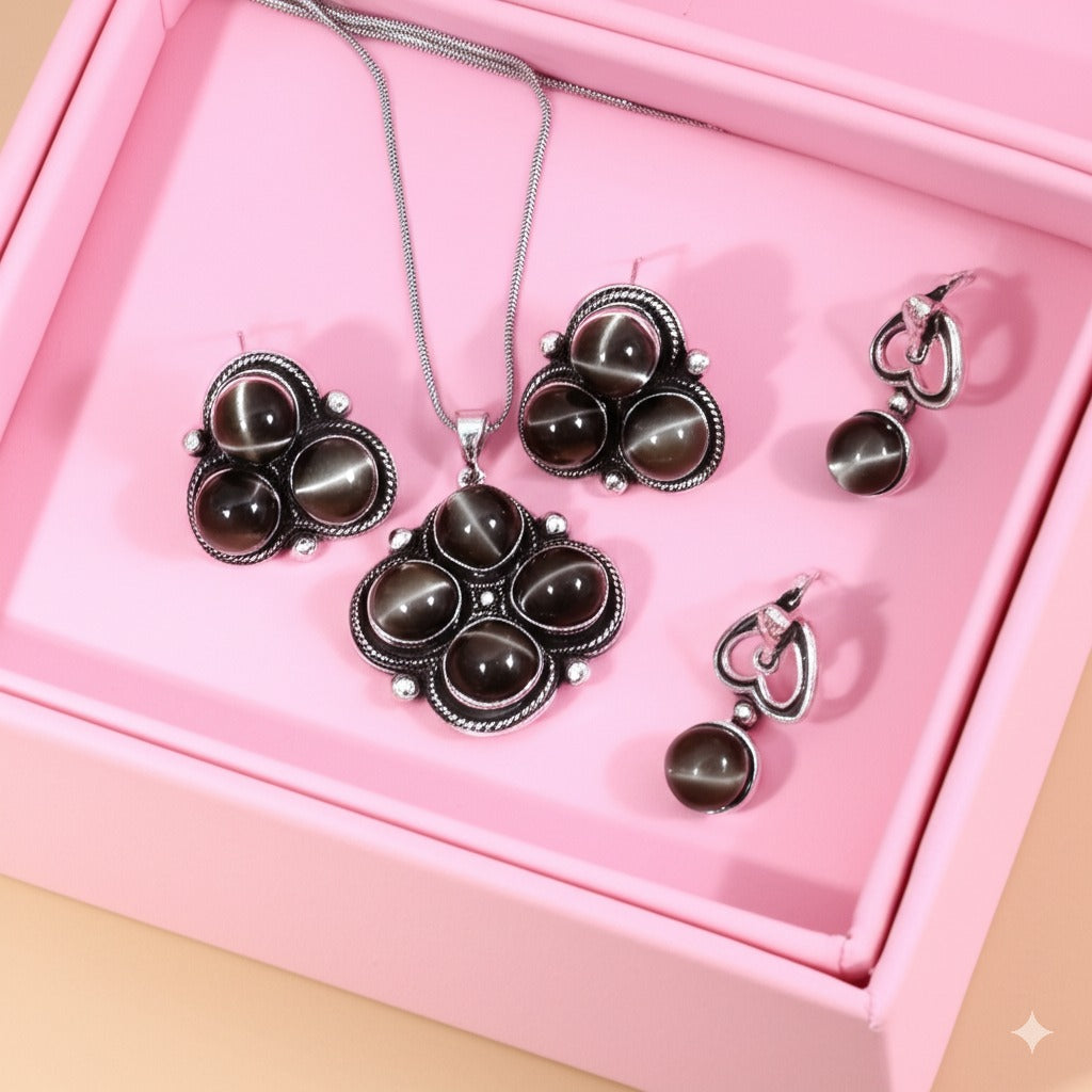 Women's earrings and pendant cat's eye stone