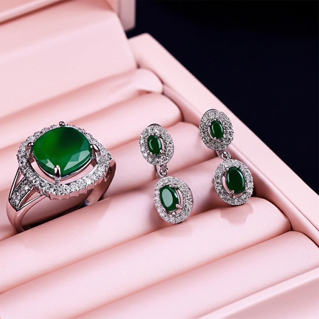 Women's luxury white gold emerald jewelry set