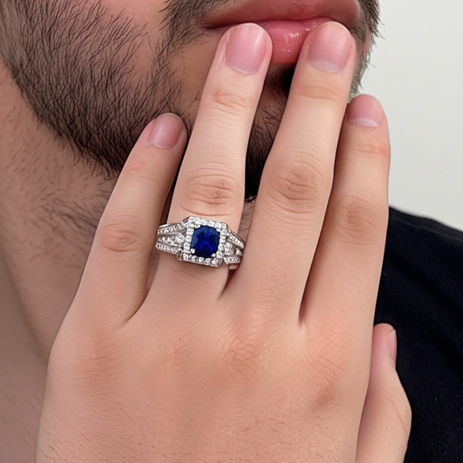 Men's luxury white gold sapphire ring