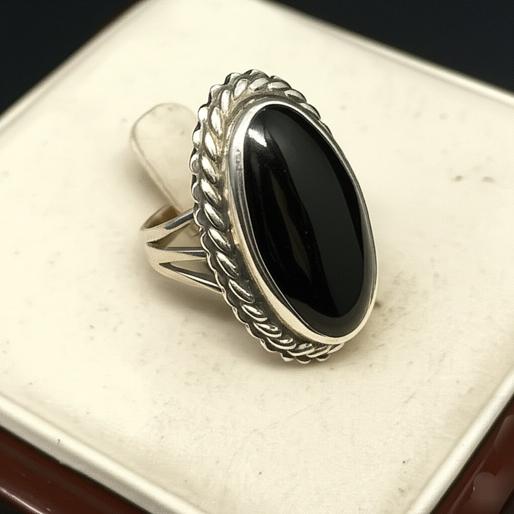 Black onyx men's silver ring