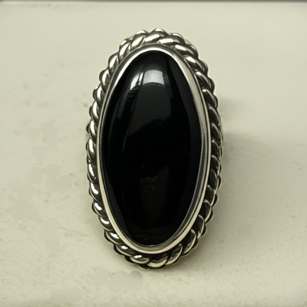 Black onyx men's silver ring