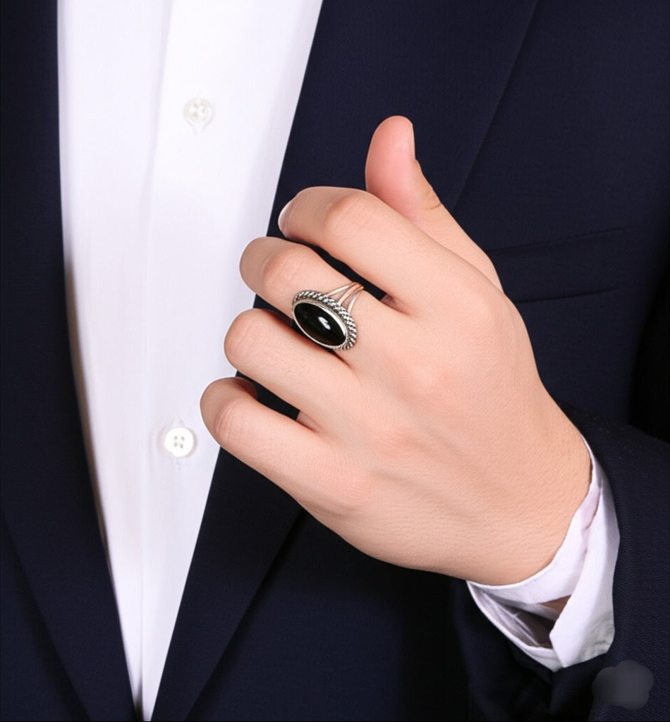 Black onyx men's silver ring