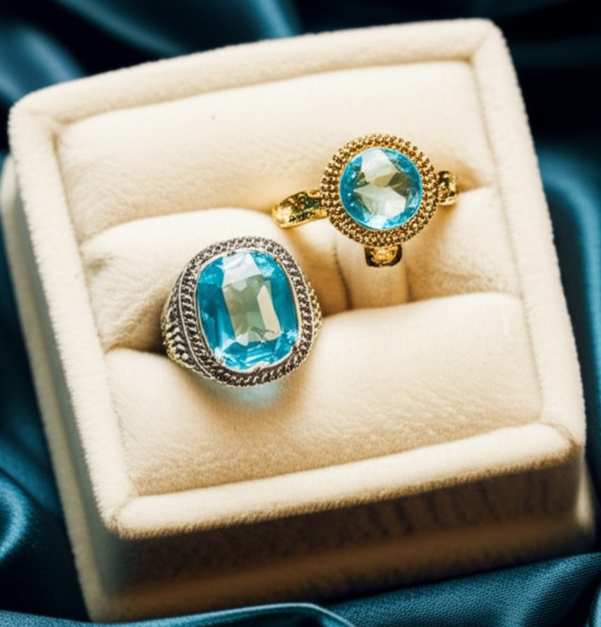 blue topaz couple rings