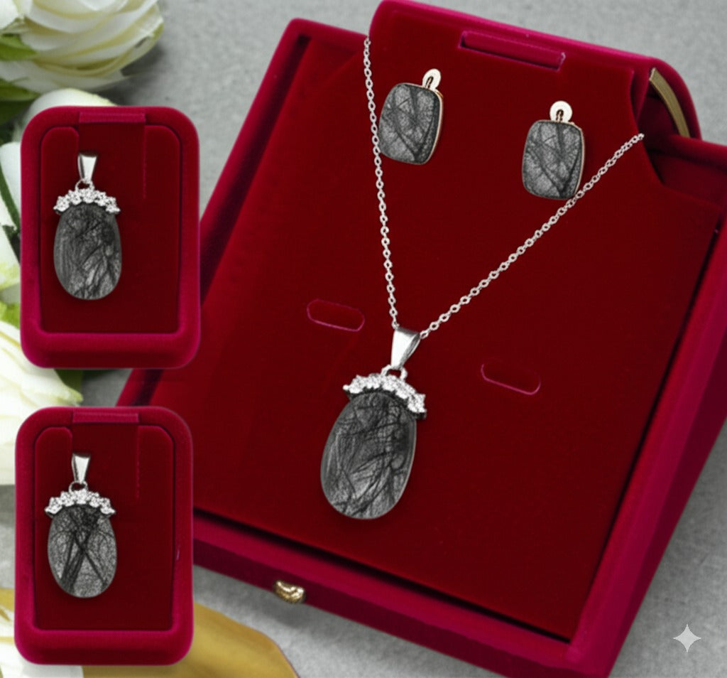 Women's black Rutile Quartz jewelry set