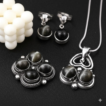 Women's earrings and pendant cat's eye stone
