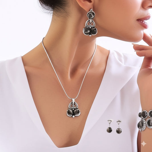 Women's earrings and pendant cat's eye stone