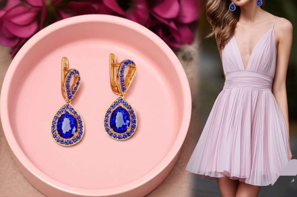 Women's luxury gold earrings (blue sapphire)