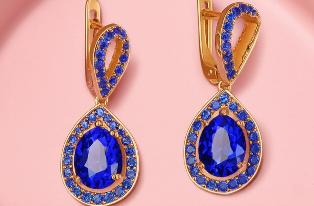 Women's luxury gold earrings (blue sapphire)