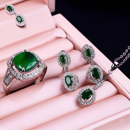 Women's luxury white gold emerald jewelry set