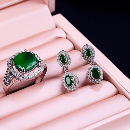 Women's luxury white gold emerald jewelry set