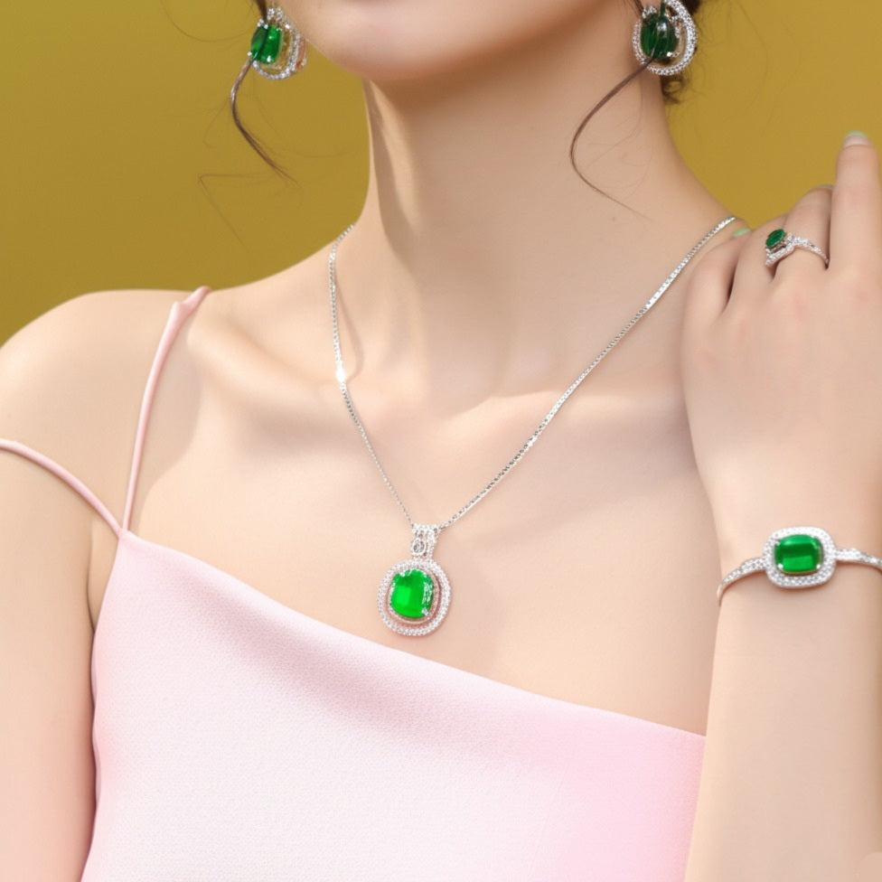 Women's luxury white gold emerald jewelry set