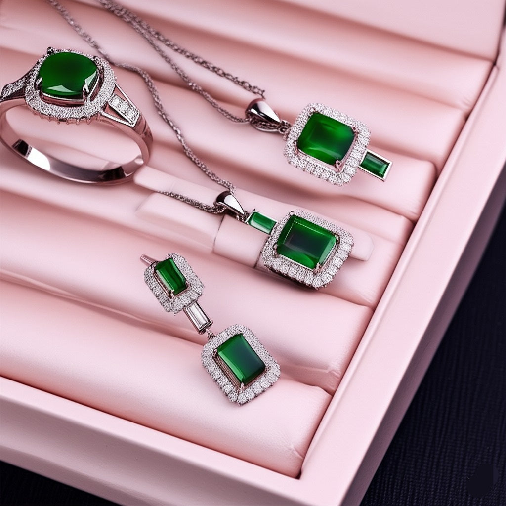 Women's luxury white gold emerald jewelry set