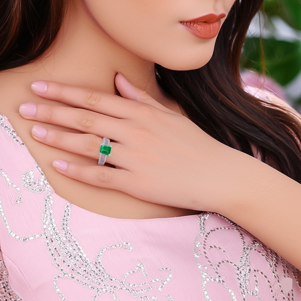 Women's luxury white gold emerald and diamond Ring