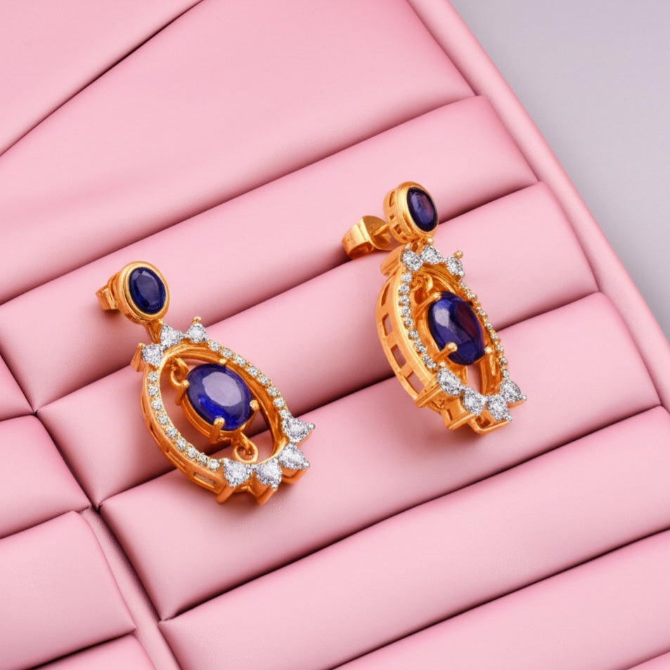 Women's luxury gold earrings (blue sapphire & Diamond)