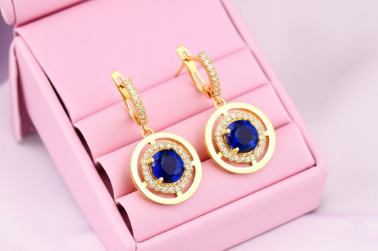 Women's luxury gold earrings (blue sapphire & Diamond)