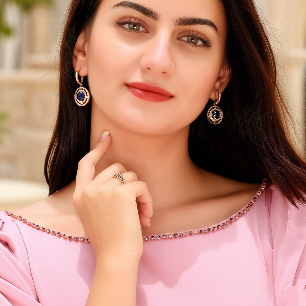 Women's luxury gold earrings (blue sapphire & Diamond)
