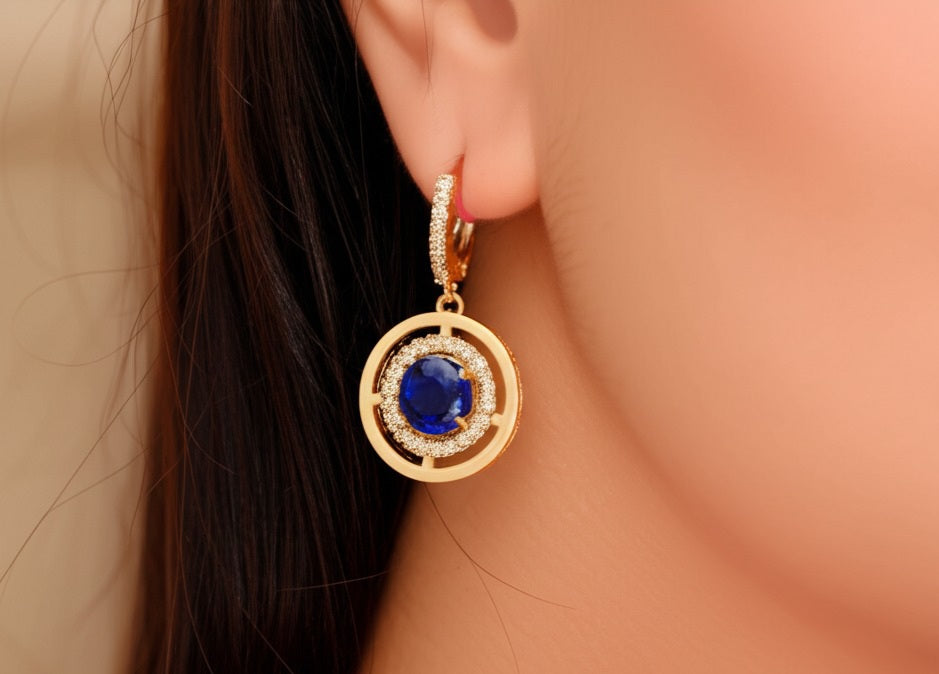 Women's luxury gold earrings (blue sapphire & Diamond)