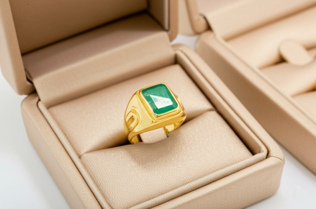 Men's luxury gold emerald ring
