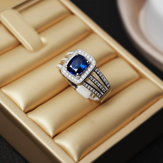 Men's luxury white gold sapphire ring