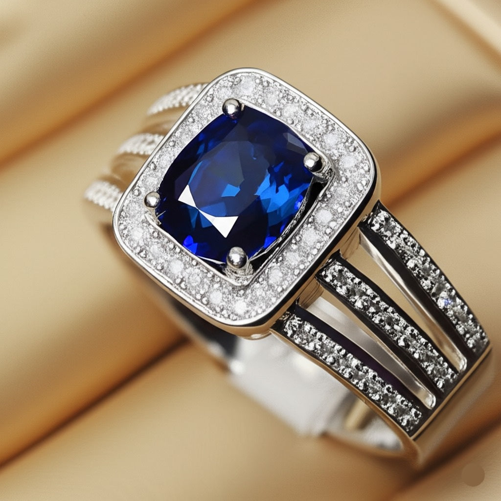 Men's luxury white gold sapphire ring