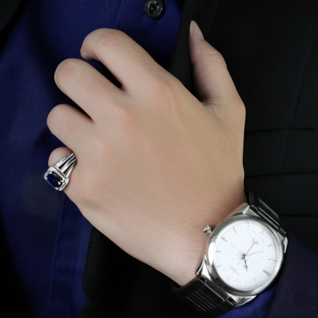 Men's luxury white gold sapphire ring