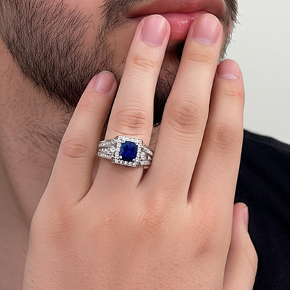 Men's luxury white gold sapphire ring