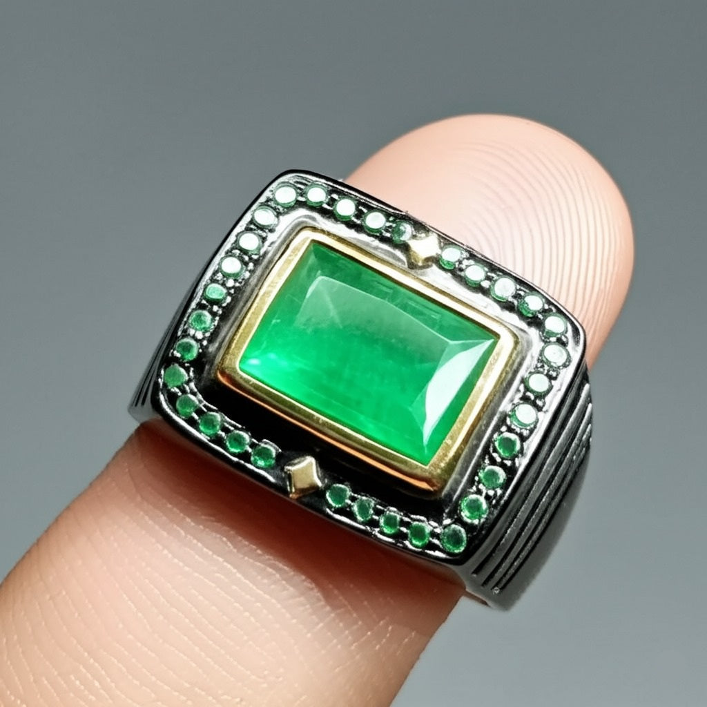 Men's luxury white gold emerald ring