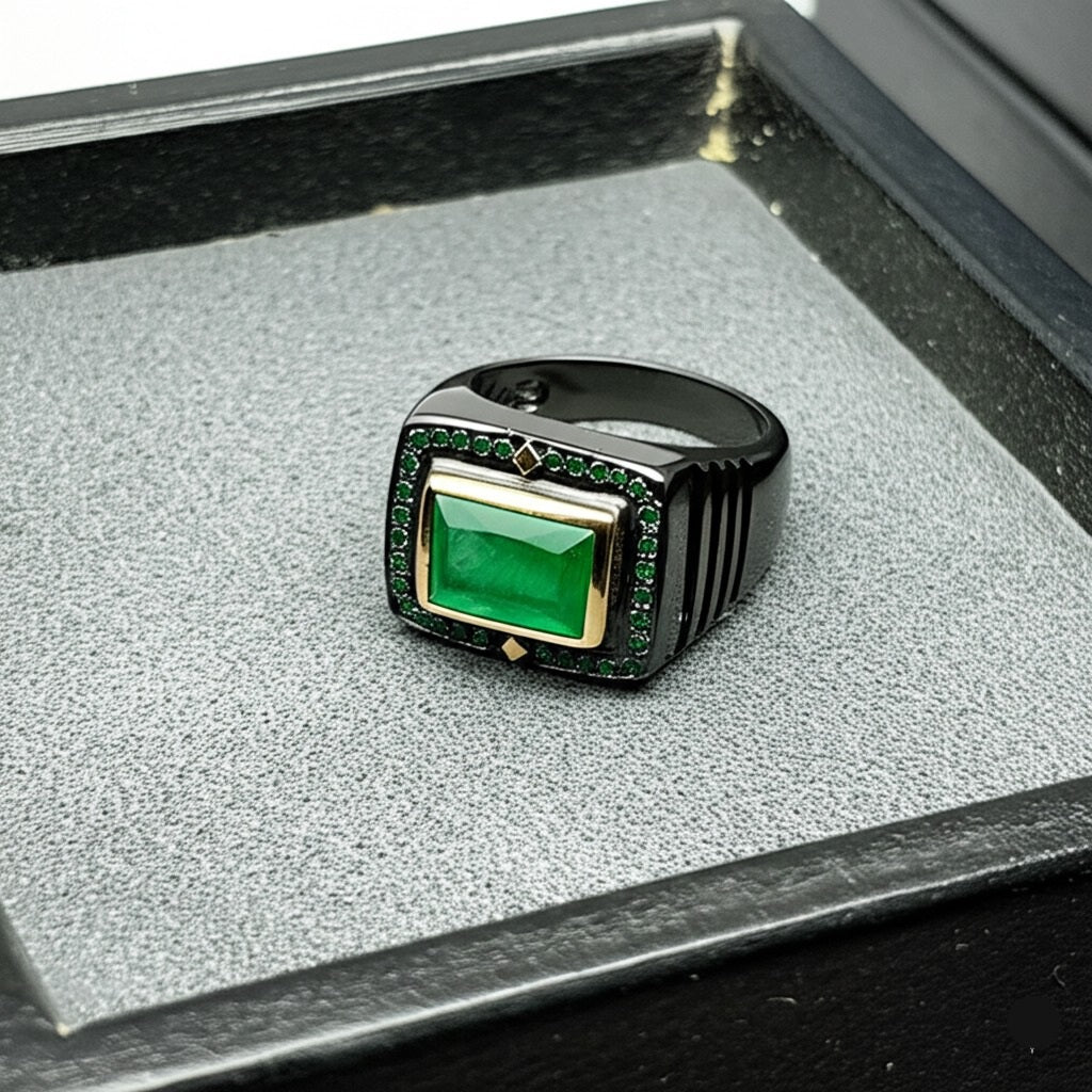 Men's luxury white gold emerald ring