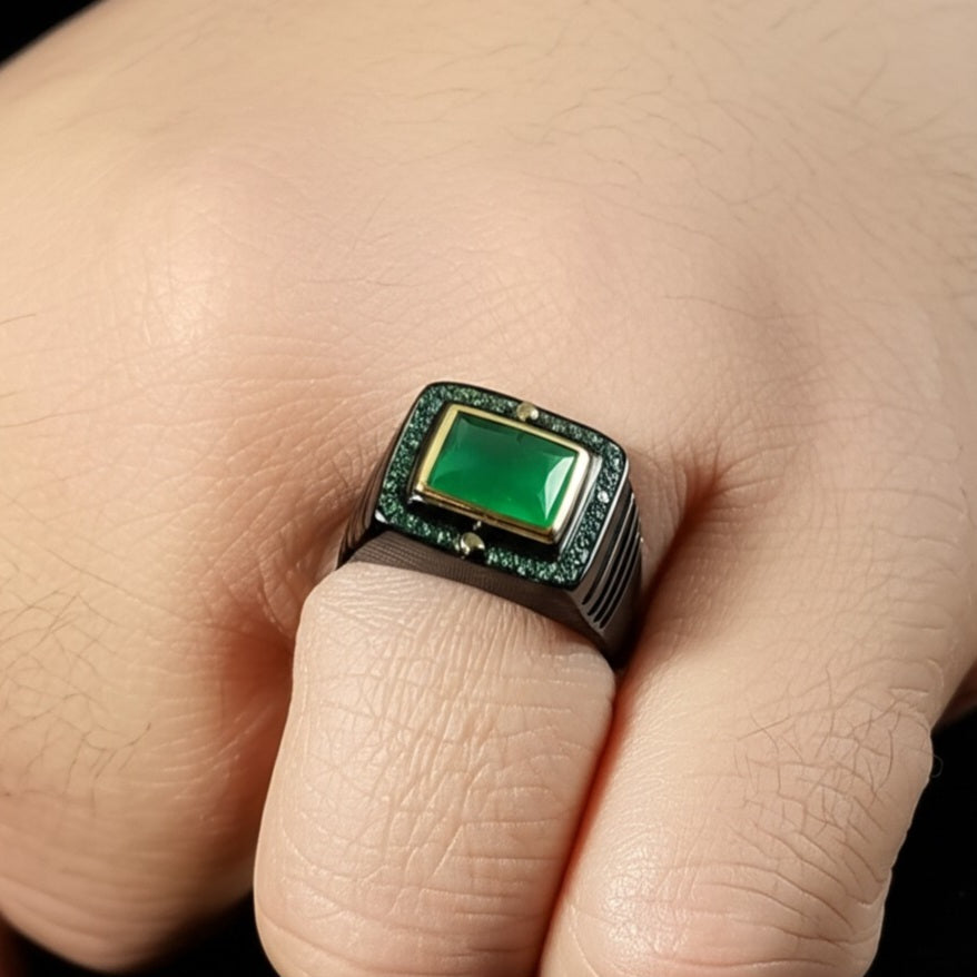 Men's luxury white gold emerald ring