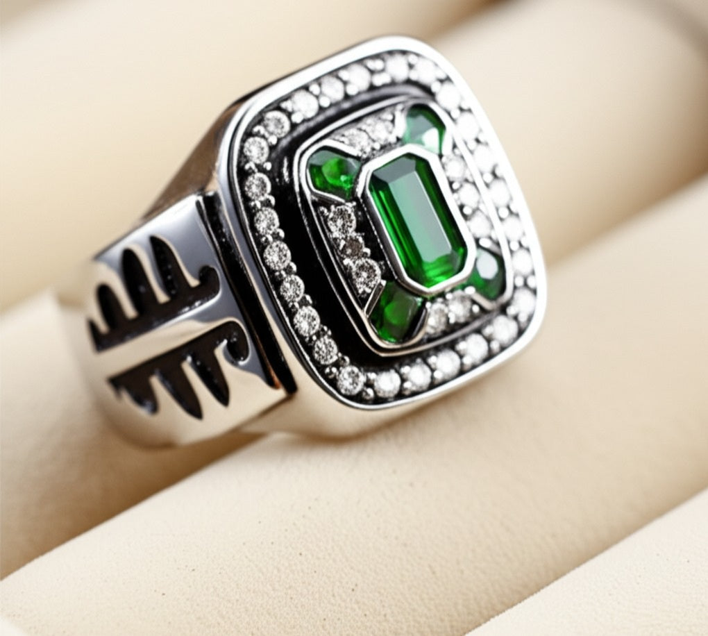 Men's luxury white gold emerald ring