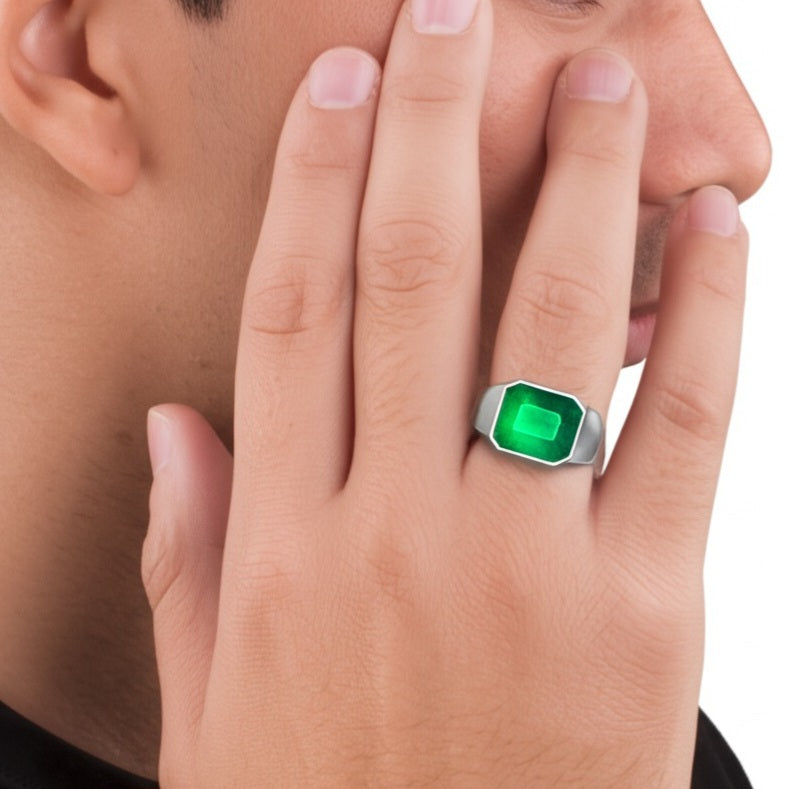 Men's luxury white gold emerald ring