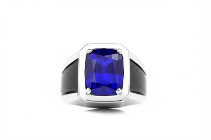 Men's luxury white gold blue sapphire ring