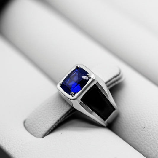 Men's luxury white gold blue sapphire ring