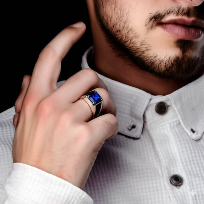 Men's luxury white gold blue sapphire ring