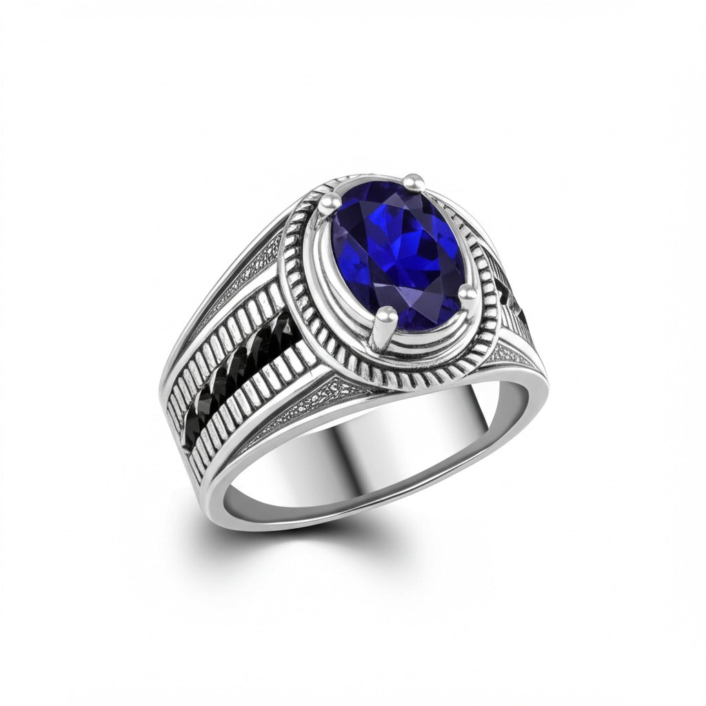 Men's luxury white gold blue sapphire ring
