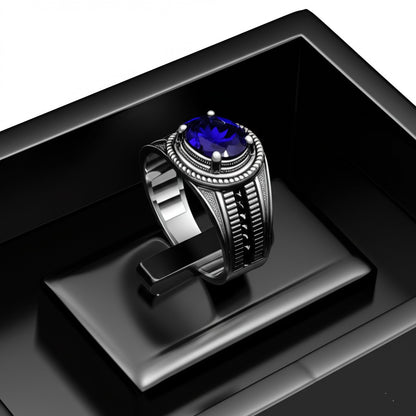 Men's luxury white gold blue sapphire ring
