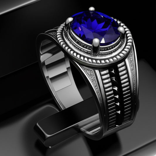 Men's luxury white gold blue sapphire ring