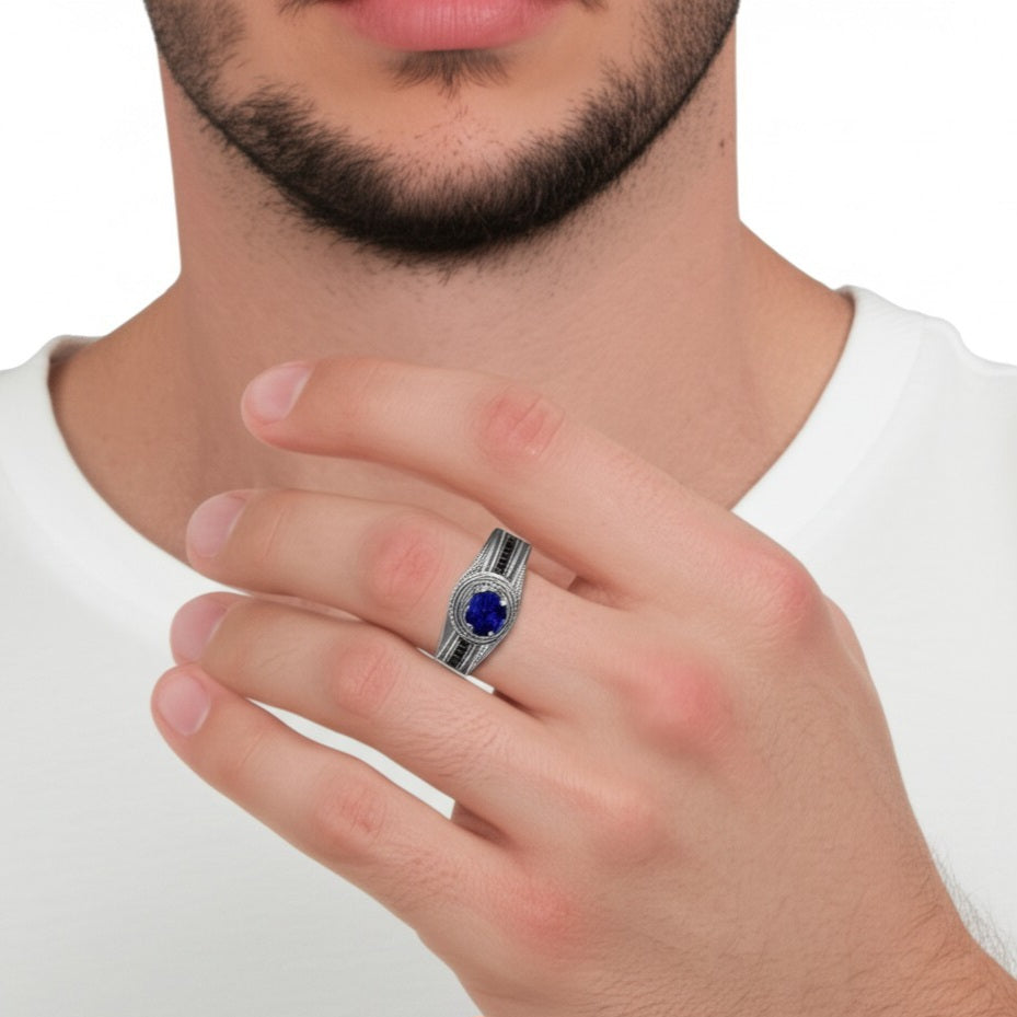 Men's luxury white gold blue sapphire ring