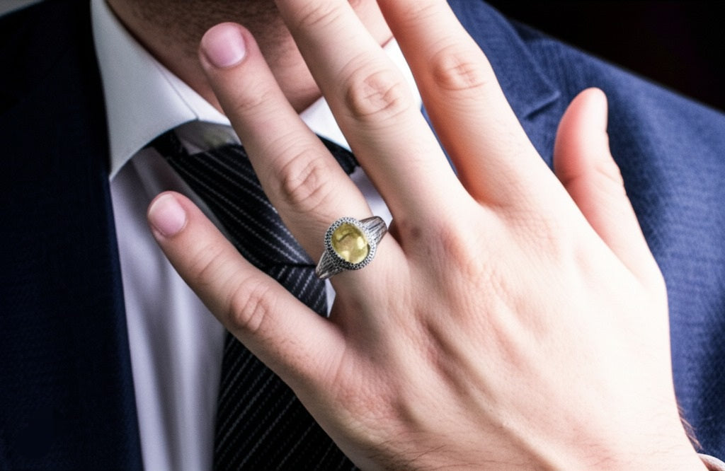 Yellow fluorite men's ring