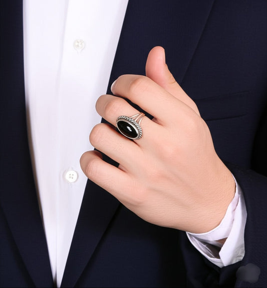 Black onyx men's silver ring