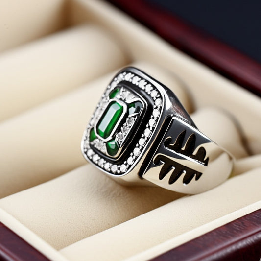 Men's luxury white gold emerald ring