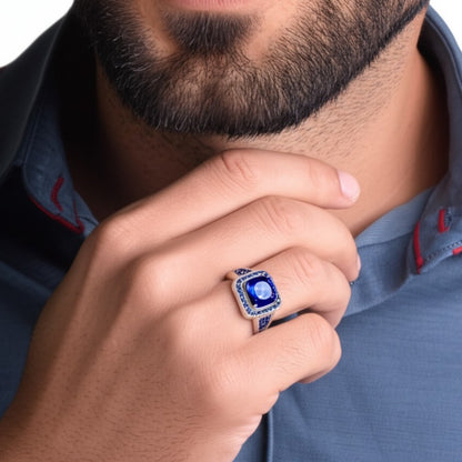 Men's luxury white gold sapphire ring