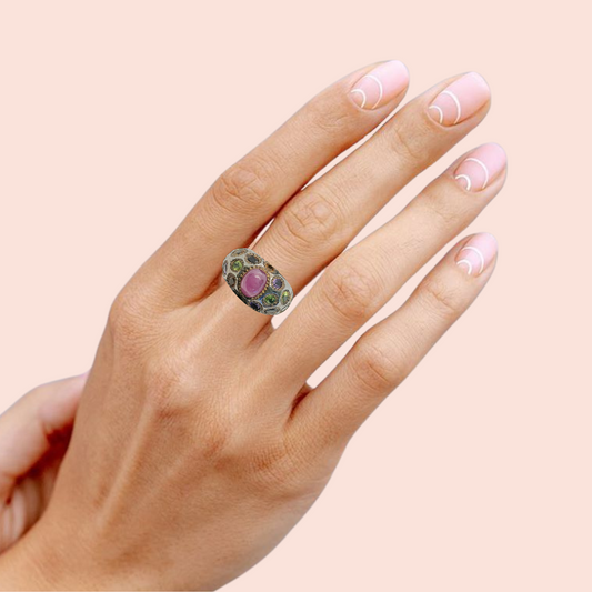 Lady's star Ruby Ring with real multi stones